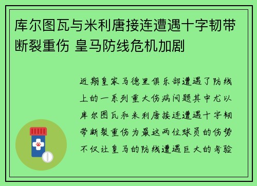 库尔图瓦与米利唐接连遭遇十字韧带断裂重伤 皇马防线危机加剧
