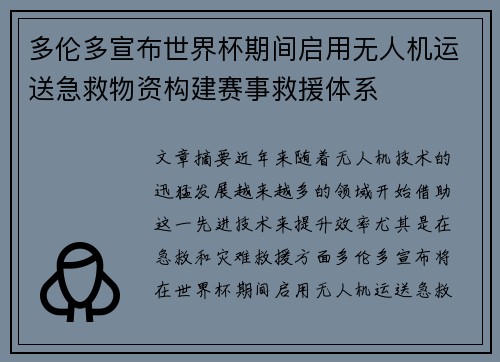 多伦多宣布世界杯期间启用无人机运送急救物资构建赛事救援体系