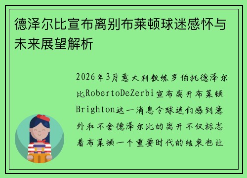 德泽尔比宣布离别布莱顿球迷感怀与未来展望解析